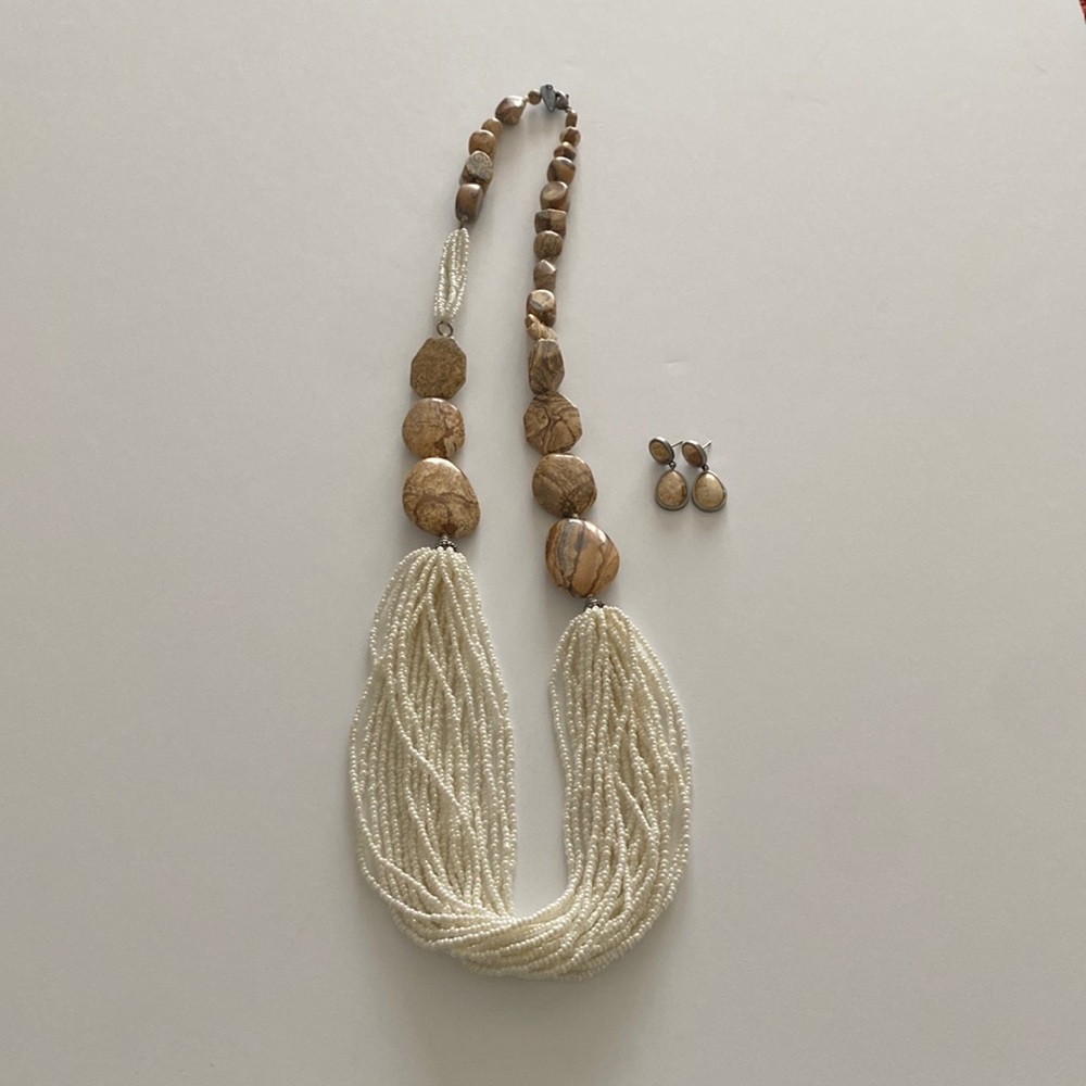 Stone and seed bead necklace w matching earrings